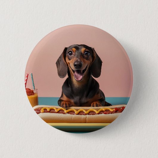 Schattige teckel met hotdog ronde button 5,7 cm (Voorkant)