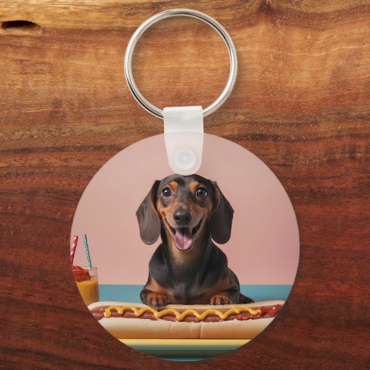 Schattige teckel met hotdog sleutelhanger (Achterkant)