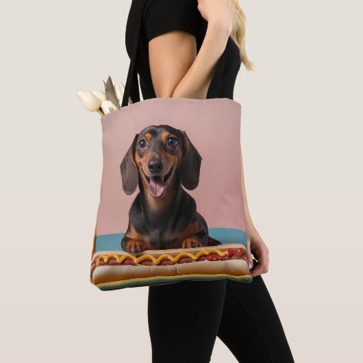 Schattige teckel met hotdog tote bag (Dichtbij)