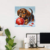 Schattige teckel puppy spelen in de sneeuw poster (Thuiskantoor)
