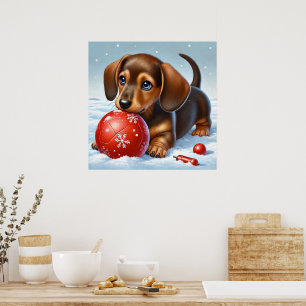 Schattige teckel puppy spelen in de sneeuw poster