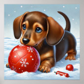 Schattige teckel puppy spelen in de sneeuw poster (Voorkant)