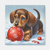 Schattige teckel puppy spelen met rode bal magneet (Voorkant)