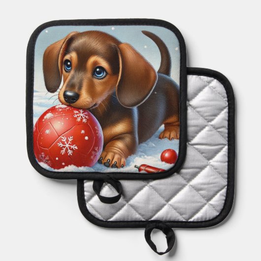 Schattige teckel puppy spelen met rode bal pannenlap (Voorkant / Achterkant)