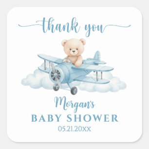 Schattige Teddbeer Piloot Baby Shower Bedankt Vierkante Sticker