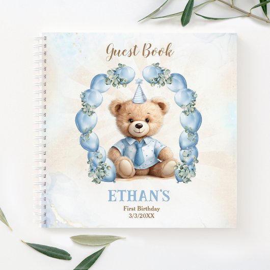 Schattige Teddy Bear 1e Verjaardag Blauw Gastenboe Notitieboek