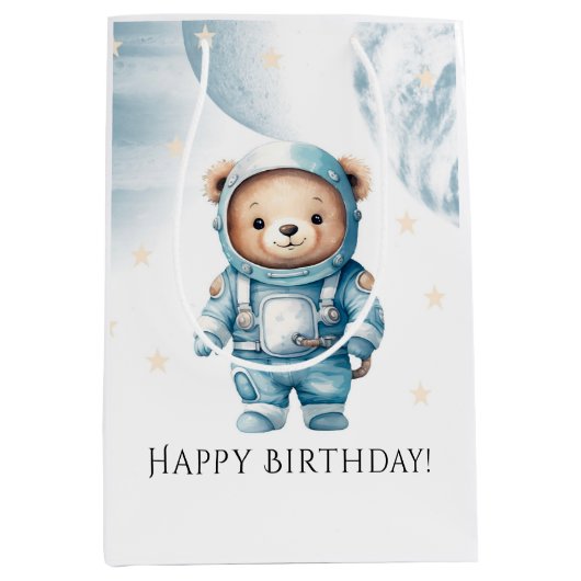 Schattige Teddy Bear Astronaut Verjaardagsfeest Medium Cadeauzakje (Voorkant)