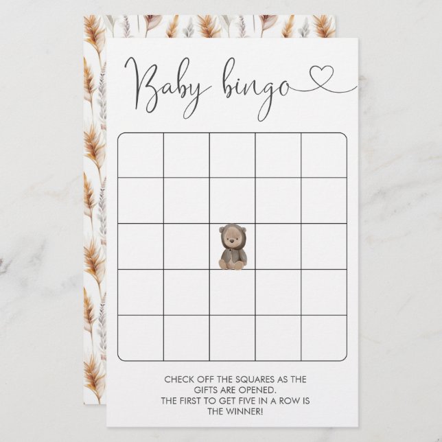 Schattige Teddy Bear Baby shower Bingogame (Voorkant / Achterkant)