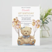 Schattige Teddy Bear-ballonnen gestreept op Birthd Kaart (Staand voorkant)
