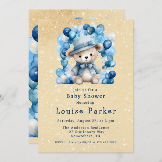 Schattige Teddy Bear Balloon Arch Boy Baby shower Kaart (Voorkant / Achterkant)