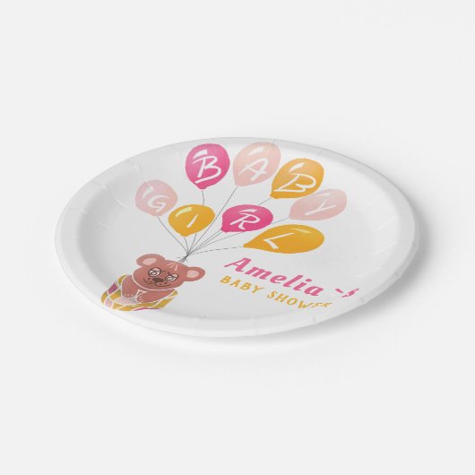 Schattige Teddy Bear Balloon Baby Meisje Baby show Papieren Bordje (Gekanteld)