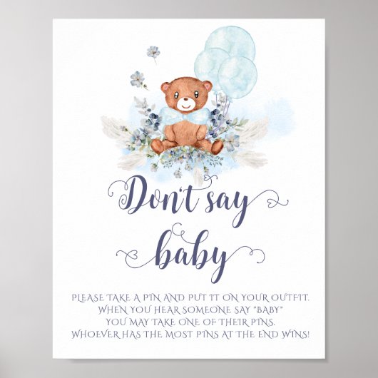 Schattige Teddy Bear Blauwe Ballonnen Dont Say Bab Poster (Voorkant)