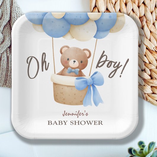 Schattige Teddy Bear Blue Balloon Baby shower Papieren Bordje