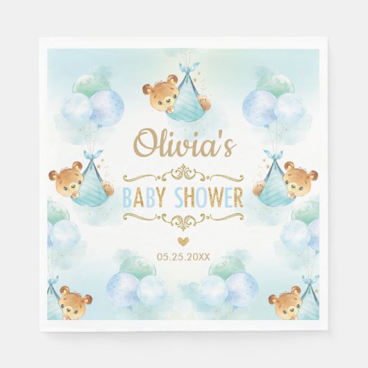 Schattige Teddy Bear Boy Baby shower Blauw Papier  Servet (Voorkant)