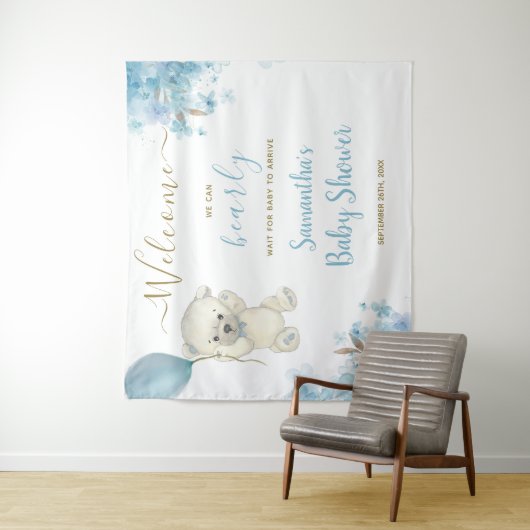 Schattige Teddy Bear Boy Baby shower Welkomstbord Wandkleed (In situ)