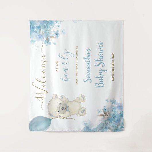 Schattige Teddy Bear Boy Baby shower Welkomstbord Wandkleed (Voorkant)