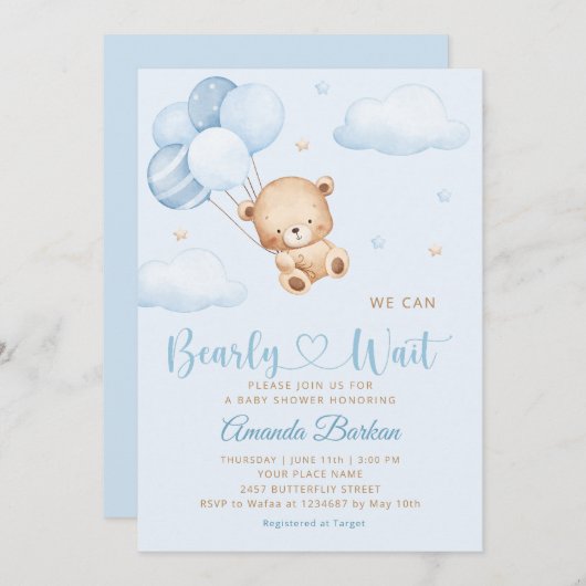 Schattige Teddy Bear Boy Blue Barly Wacht Baby sho Kaart (Voorkant / Achterkant)