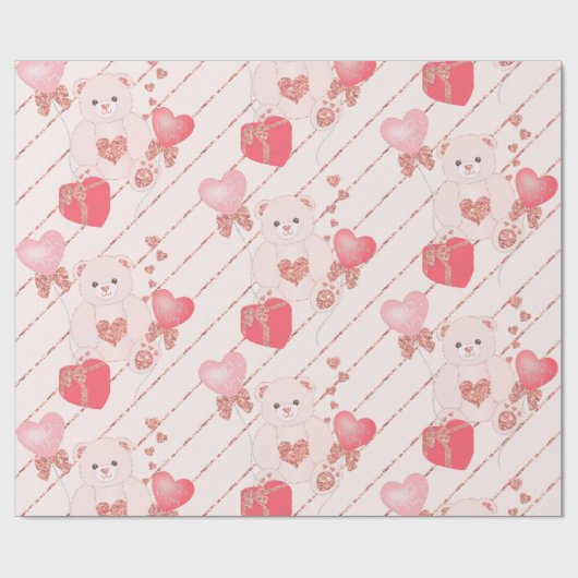 Schattige Teddy Bear Glitter Pink Hartelijk Valent Cadeaupapier (Vlak)