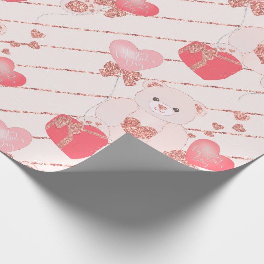 Schattige Teddy Bear Glitter Pink Hartelijk Valent Cadeaupapier (Hoek)