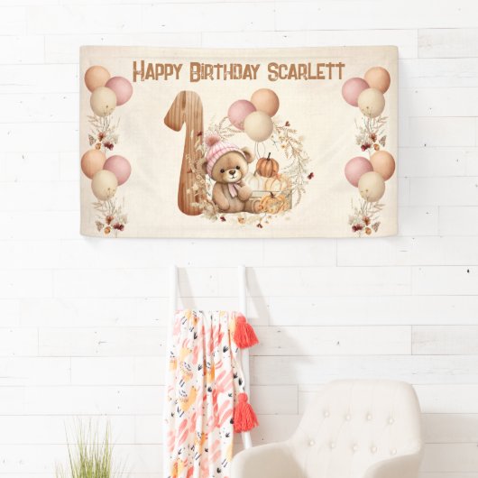 Schattige Teddy Bear Herfst Meisje Beary 1e Verjaa Spandoek (Insitu)