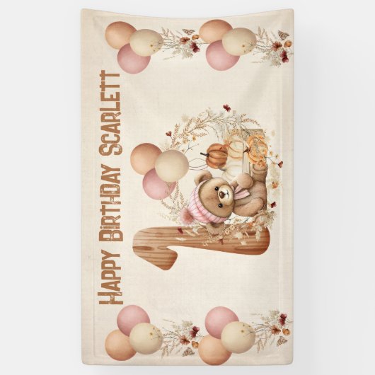Schattige Teddy Bear Herfst Meisje Beary 1e Verjaa Spandoek (Verticaal)