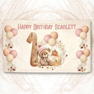 Schattige Teddy Bear Herfst Meisje Roze Beary 1e V Spandoek