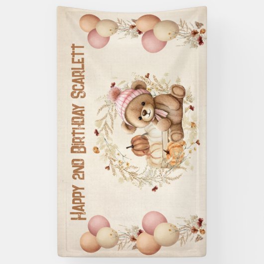 Schattige Teddy Bear Herfst Meisje Verjaardagsbann Spandoek (Verticaal)