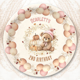 Schattige Teddy Bear Herfst Meisje Verjaardagspapi Papieren Bordje
