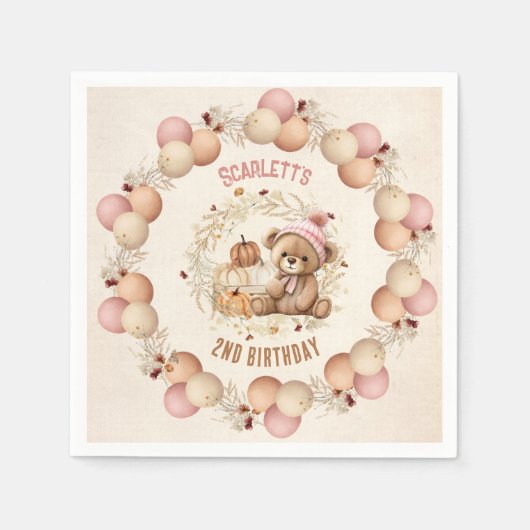 Schattige Teddy Bear Herfst Verjaardags Meisje Pap Servet (Voorkant)