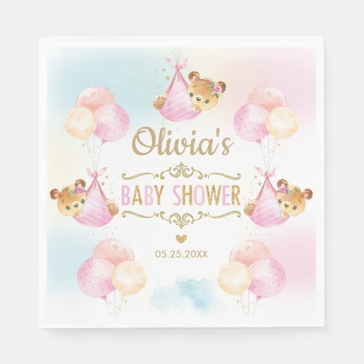 Schattige Teddy Bear Meisje Baby shower Roze Papie Servet (Voorkant)