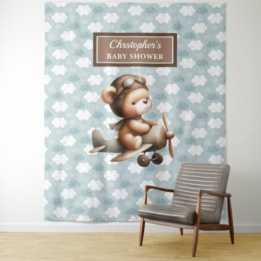 Schattige Teddy Bear Pilot Baby shower Achtergrond Wandkleed (In situ)