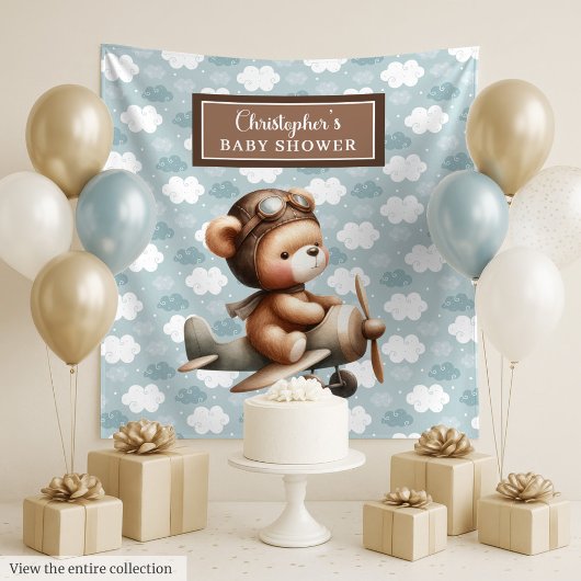 Schattige Teddy Bear Pilot Baby shower Achtergrond Wandkleed