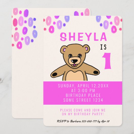 Schattige Teddy Bear Roze Meisje 1e Verjaardagsfee Kaart (Voorkant / Achterkant)