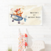 Schattige Teddy Bear Vliegtuig 1e Verjaardagsfeest Spandoek (Insitu)