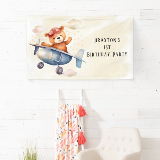 Schattige Teddy Bear Vliegtuig 1e Verjaardagsfeest Spandoek (Insitu)