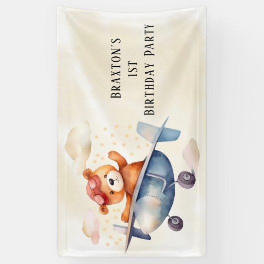 Schattige Teddy Bear Vliegtuig 1e Verjaardagsfeest Spandoek (Verticaal)
