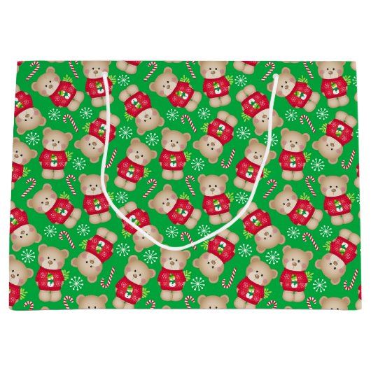 Schattige Teddy Bears Candy Canes Rood Groen Kerst Groot Cadeauzakje (Voorkant)
