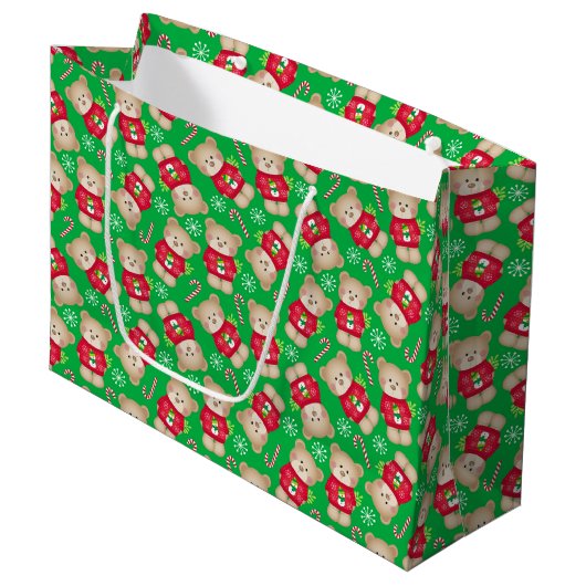 Schattige Teddy Bears Candy Canes Rood Groen Kerst Groot Cadeauzakje (Voorkant Gekanteld)
