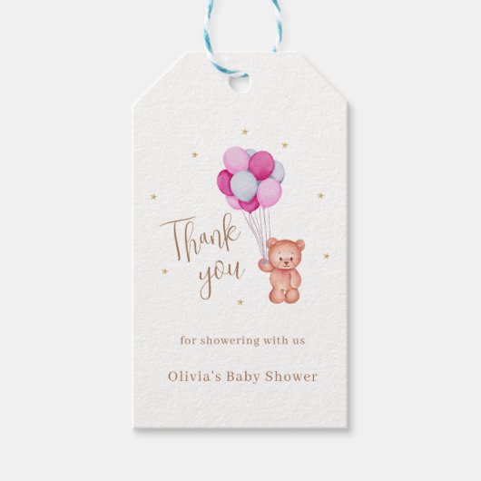 Schattige Teddy Roze Ballon Dank u Baby shower Cadeaulabel (Voorkant)