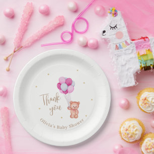 Schattige Teddy Roze Ballon Dank u Baby shower Papieren Bordje