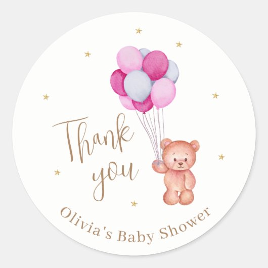 Schattige Teddy Roze Ballon Dank u Baby shower Ronde Sticker (Voorkant)