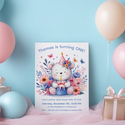 Schattige teddybeer 1e verjaardag kaart