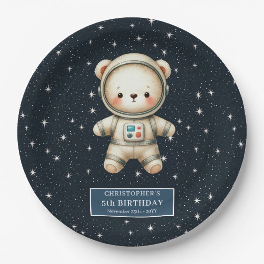Schattige Teddybeer Astronaut Papier Borden Custom Papieren Bordje (Voorkant)