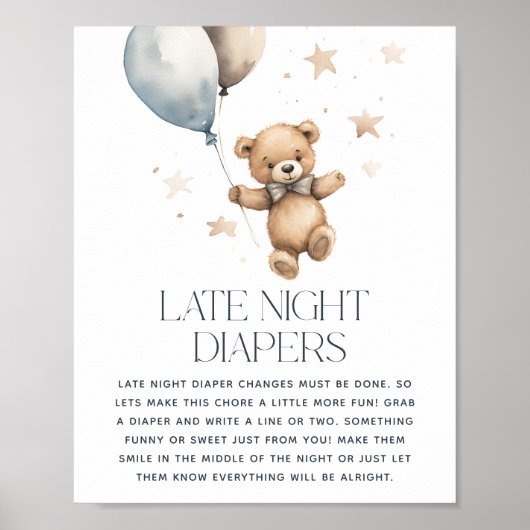Schattige Teddybeer Baby shower 'Late Night Diaper Poster (Voorkant)