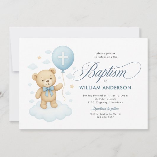 Schattige Teddybeer Ballondoop uitnodiging (Voorkant)
