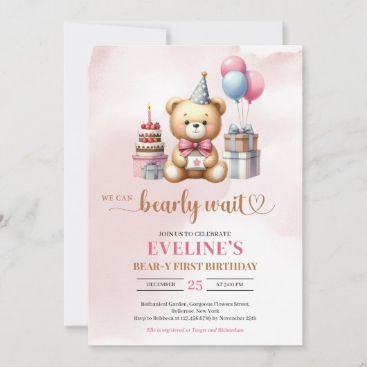 Schattige Teddybeer Beer-y meisje eerste verjaarda Kaart (Voorkant)