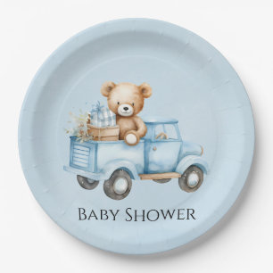 Schattige Teddybeer Blauw  Vrachtwagen Baby shower Papieren Bordje