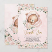 Schattige teddybeer blush roze bloemig meisje Baby Bedankkaart (Voorkant / Achterkant)