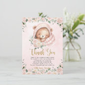 Schattige teddybeer blush roze bloemig meisje Baby Bedankkaart (Staand voorkant)