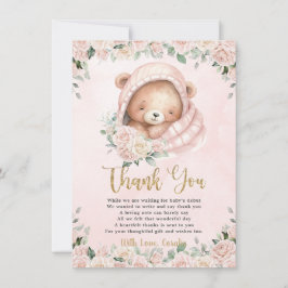 Schattige teddybeer blush roze bloemig meisje Baby Bedankkaart